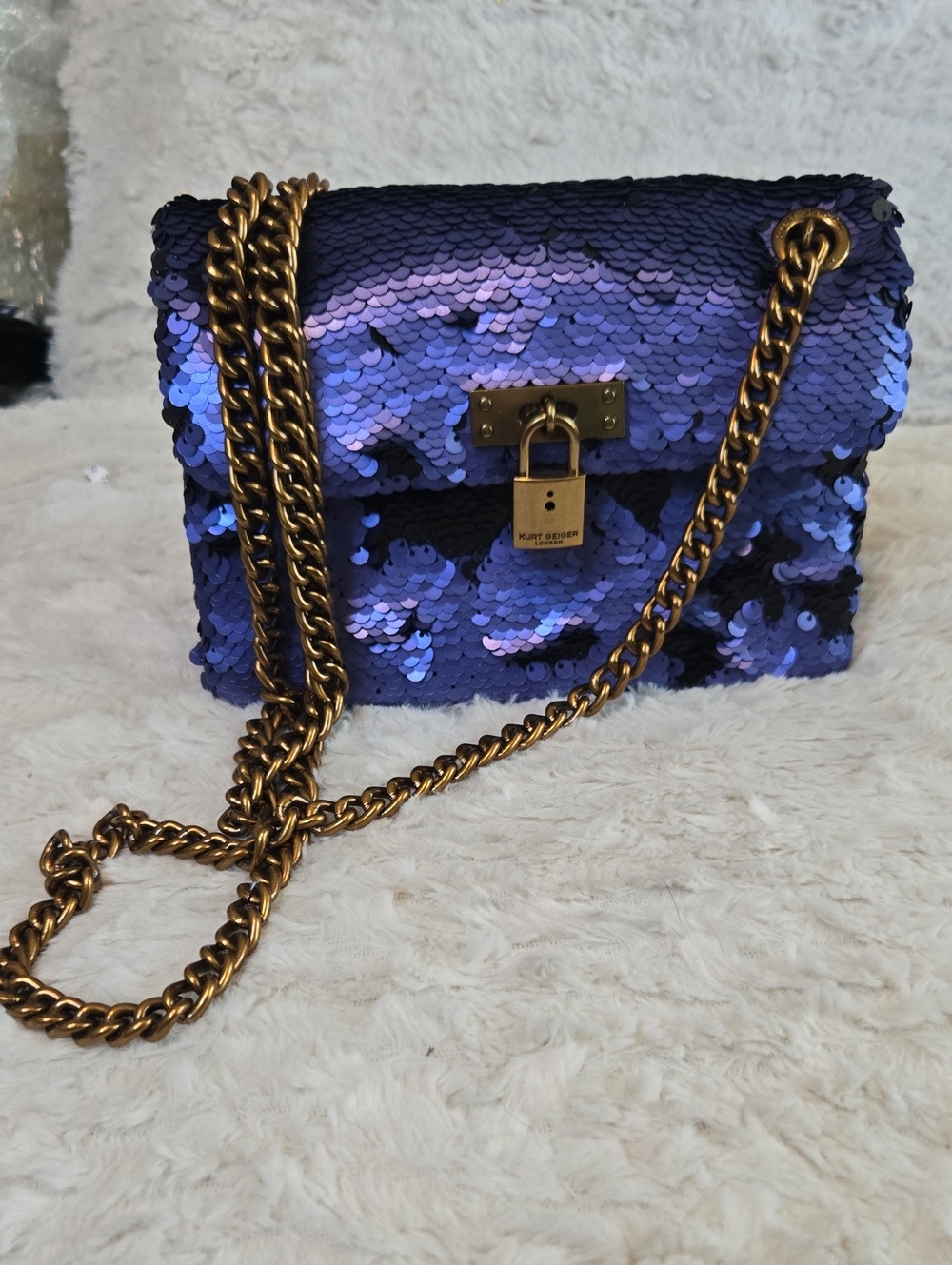 Kurt Geiger Purple Sequin Brixton Chain Crossbody Bag with Gold Hardware
